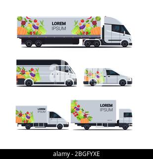 set realistic van truck trailer with organic vegetables natural vegan farm food delivery service different vehicles with fresh veggies flat vector illustration Stock Vector