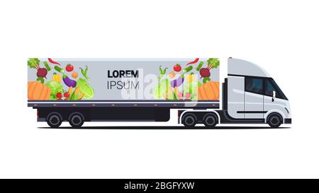 realistic truck trailer with organic vegetables natural vegan farm food delivery service vehicle with fresh veggies horizontal flat vector illustration Stock Vector