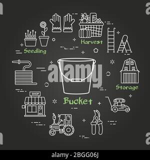 Vector linear black gardening and farming - Bucket Stock Vector