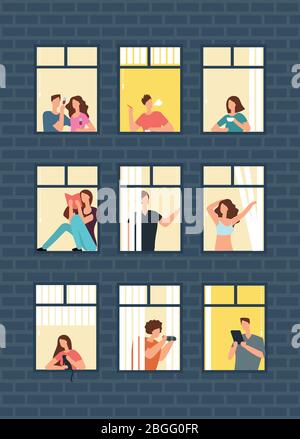 Cartoon man and woman neighbors in apartment windows in building. Happy neighborhood vector flat concept. Building window with man or woman character illustration Stock Vector