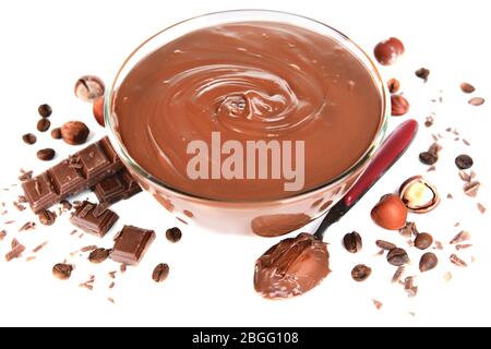 Sweet chocolate cream in bowl isolated on white Stock Photo