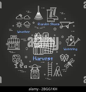Vector linear black gardening and farming - Harvest Stock Vector