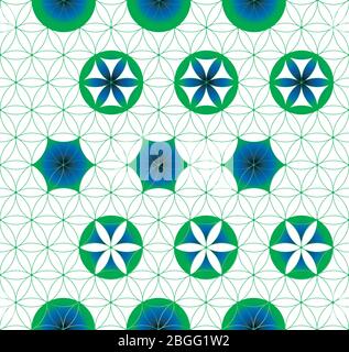Flower of Life. Sacred geometry. Seamless pattern. Green and blue. Stock Vector