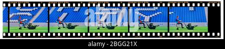 35mm film frames recording the last turf trim at Manchester City's former home at Maine Road, Manchester, England. Stock Photo