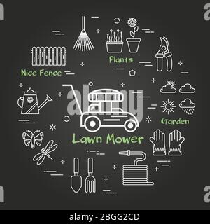Vector linear black gardening and farming - Lawn Mower Stock Vector