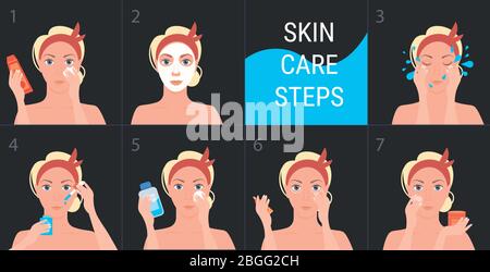 girl cleaning removing make up washing and care her face steps of facial treatment procedures skincare healthy lifestyle concept vector illustration Stock Vector