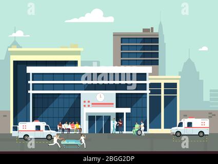 Accident and emergency hospital exterior with doctors and patients. Medical vector concept. Clinic building and hospital medical illustration Stock Vector