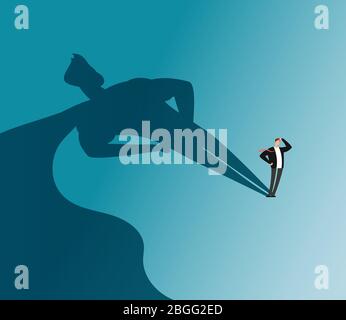 Businessman with superhero shadow. Ambition and business success vector concept. Leadership super hero in business, motivation leader superhero illustration Stock Vector