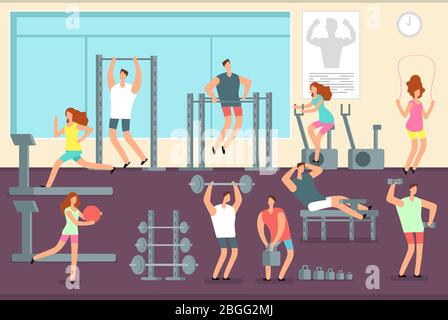 Woman and man doing various sports exercises in gym. Fitness indoor workout vector concept. Gym and fitness sport training, woman man workout or exercise illustration Stock Vector