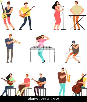 People performing music. Musicians with musical instruments. Vector cartoon characters isolated. Illustration of musician performance and music concert with guitar instrument Stock Vector