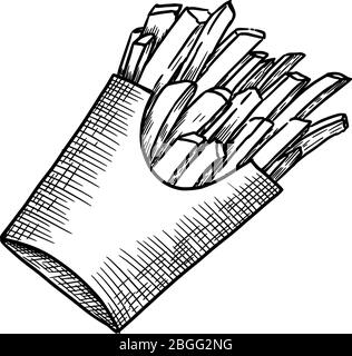 Fried chips in paper bag hand drawn engraved vector illustration. Stock Vector