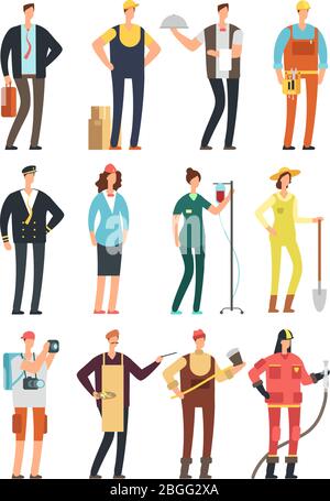 Young happy female nad male professional people in uniform. Cartoon vector characters set builder and waiter, fireman and pilot illustration Stock Vector