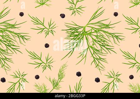 Food pattern. Creative collage with fresh green dill sprigs and black pepper grains on colorful background. Food texture Stock Photo