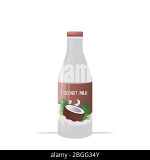 vegan coconut plant based milk glass bottle organic dairy free natural raw vegan milk healthy cow beverage alternative isolated vector illustration Stock Vector