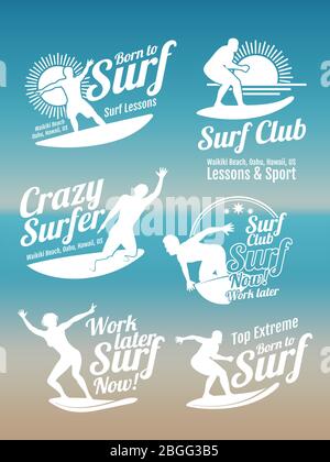 White creative summer surfing sports vector logos collection with surfer, surf board and ocean wave. Illustration of surfboard water sport Stock Vector
