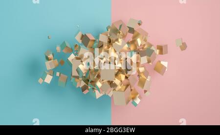 abstract background, gold cubes of different sizes on a bicolor background in flat lay style. 3d render. nobody around. low poly geometric. Stock Photo