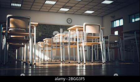 interior of a traditional primary school, wooden floor and elements, vintage and classic atmosphere. school and education concept. nobody around. 3d r Stock Photo