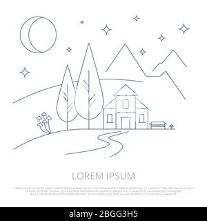 Summer mountains camp line background - forest landscape and house outline vector illustration Stock Vector