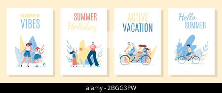Summer Cards, Mobile Covers, Network Stories Set. Cartoon People, Happy Family Members Spending Spare Time Outdoors. Vector Flat Illustration with Gre Stock Vector