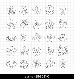 Pencil drawing blossom flowers line icons of set. Vector illustration Stock Vector