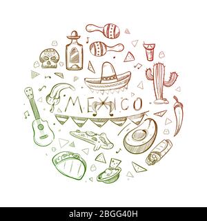 Hand drawn mexican symbols - sketch mexico logo or emblem, vector illustration Stock Vector