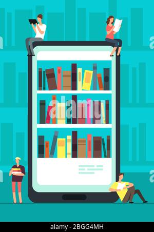 Smartphone with reader app and people reading books. Online book store, library and education vector concept. Illustration of shelf book with literature on phone Stock Vector