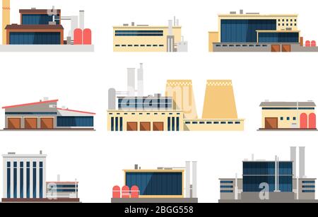 Industrial factory, power plant and warehouse buildings. Industrial construction vector flat icons. Factory and plant, warehouse and refinery building illustration Stock Vector