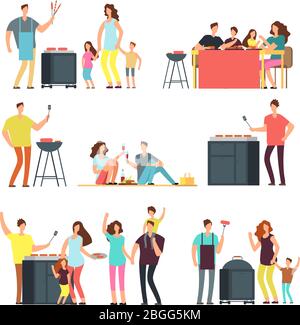 Resting people on bbq picnic. Active family and kids playing outdoor. Cartoon vector characters isolated. Family eat food, picnic and barbecue illustration Stock Vector
