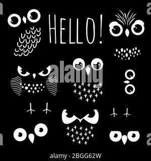 Hello sign card with cartoon owl eyes of set. Vector illustration Stock Vector