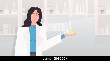 female scientist holding test tube with fluid woman researcher in white coat making chemical experiment modern laboratory interior medical research concept portrait horizontal vector illustration Stock Vector