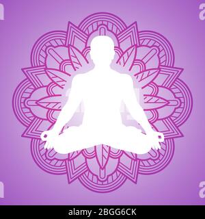 Meditation person on flower mandala frame. Yoga logo design. Vector yoga meditation and mandala pattern illustration Stock Vector