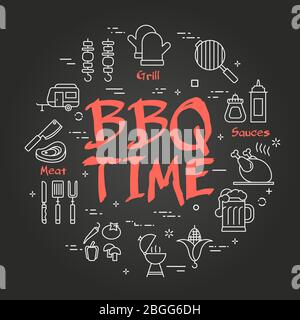Vector black line banner for picnic and barbecue party - BBQ TIME Stock Vector