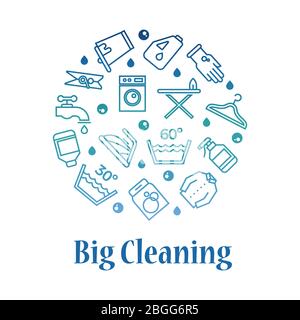 Big cleaning icons round concept. Housework washing line icons on white. Vector illustration Stock Vector