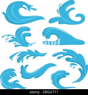 Blue ocean waves, water drops and splashes vector symbols isolated on white background. Nature ocean and sea water, splash and flow wave illustration Stock Vector