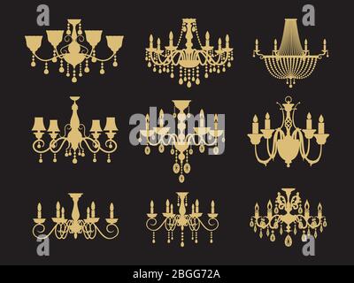 Set of vintage chandeliers isolated on black background. Vector lamp for interior, antique and luxury illustration Stock Vector