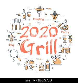 Vector line banner for picnic and barbecue party - 2020 GRILL Stock Vector