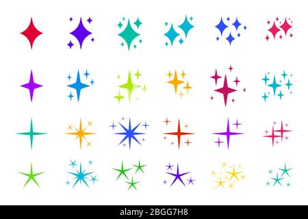 Colorful flat sparkles icons set. Graphic element confetti, original elegant glowing light effect. Sparkle lights stars, glitter flare magic glowing for any design game. Isolated vector illustration Stock Vector