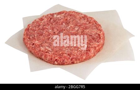 Raw fresh large beef burger isolated on white background. Stock Photo