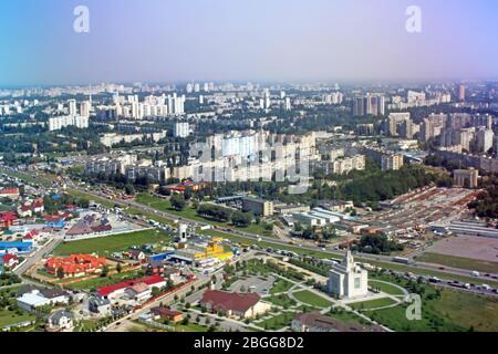 View of Borshchahivka district of Kyiv city, Ukraine. Mormons church right . Aerial view Stock Photo