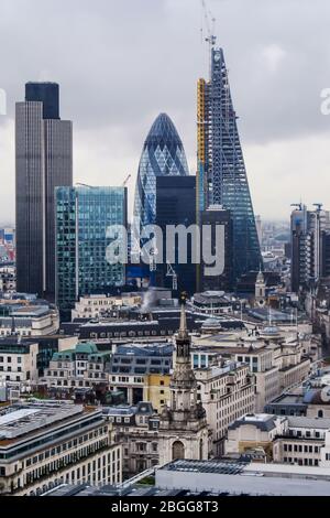 Modern, glass skyscrapers, rising up from London, as seen from the Golden Gallery of St Paul’s Cathedral Stock Photo