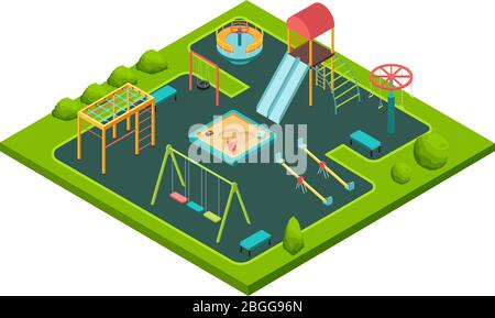 Isometric kids summer playground with childrens swing and sandbox isolated cartoon vector illustration. Slide and swing, sand outdoor, playful kindergarten Stock Vector