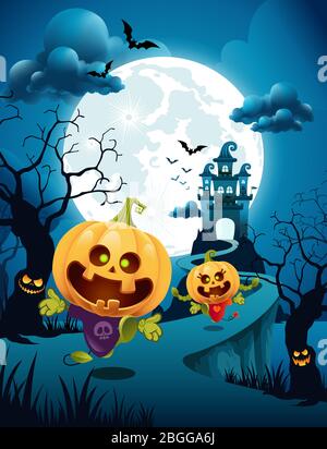 Halloween pumpkin couple with fun party and blue moon background and castle in dark forest. Stock Vector