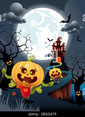 Halloween pumpkins and scary trees, castle, dark background. Stock Vector