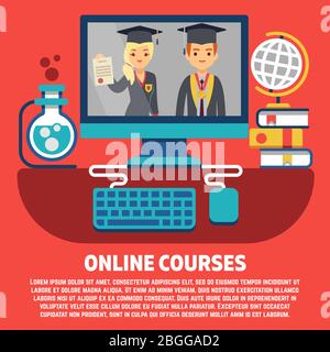 Flat online courses graduates vector concept. Graduation with internet study illustration Stock Vector