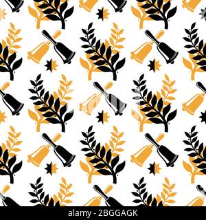 Vintage student graduate seamless pattern design. Black and golden bells and branches texture. Vector illustration Stock Vector