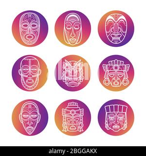 Bright icons with white african tribal vodoo masks of set. Vector illustration Stock Vector