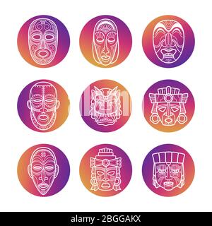 Bright icons with white african tribal vodoo masks of set. Vector illustration Stock Vector