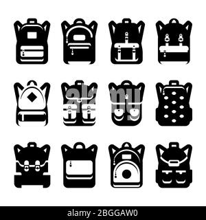 Black and white backpack silhouette set. Backpack and haversack, bag and luggage for travel, vector illustration Stock Vector