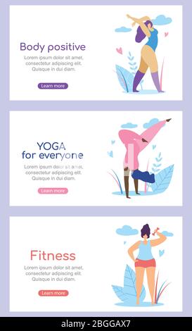 Set of Horizontal Banners with Copy Space. Curvy International Women Characters Active Healthy Lifestyle and Body Positive Motivation Quotes on Open A Stock Vector
