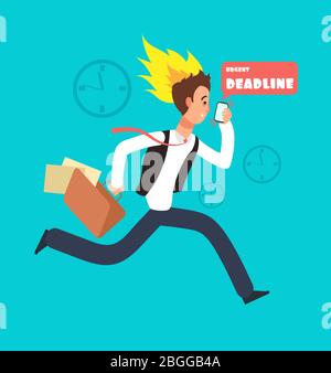 Businessman running race. Rushing worker with smartphone and portfolio with paper documents. Deadline vector concept. Hurry man, illustration of deadline work Stock Vector